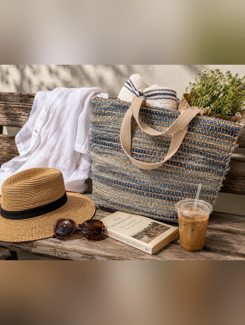 Textured Denim & Gold Woven Tote Bag | Beach Market Everyday Bag